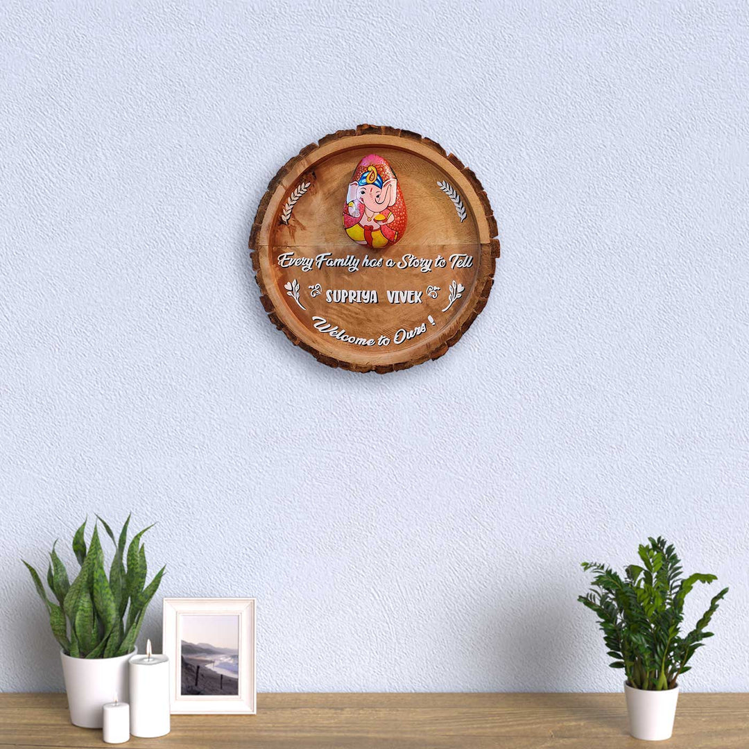 Personalized Pebble Art Graceful Ganesha Wooden Name Plate - Mounted on Wall Above Table