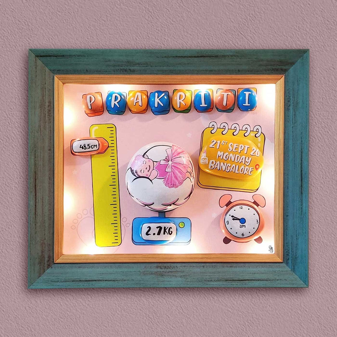 Personalized Pebble Art Little Angel Paradise Wooden Name Plate With Lights - Front View with Personalization Details