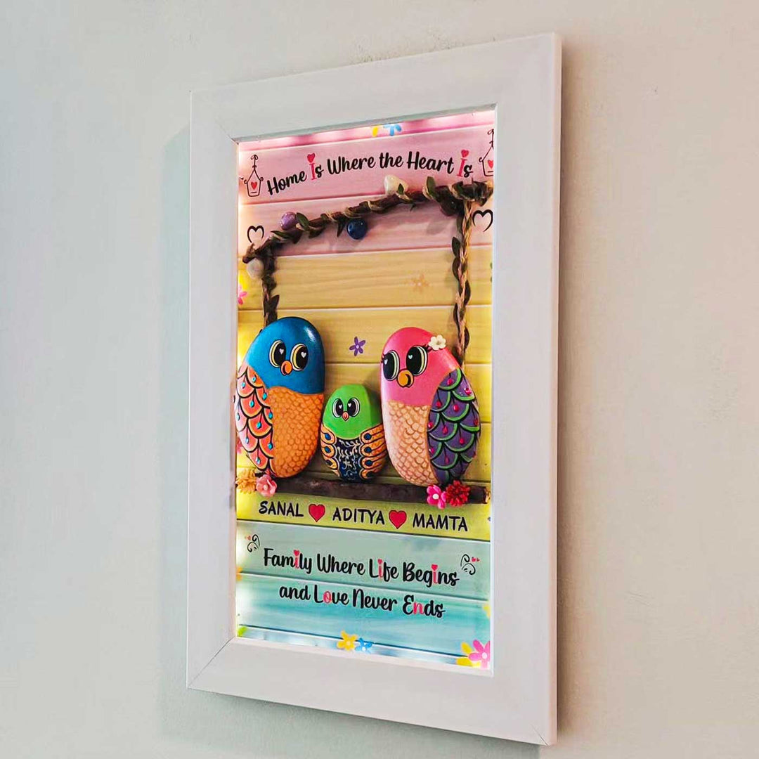 Personalized Pebble Art Love And Togetherness Vertical Wooden Name Plate With Lights - Mounted on Wall with Frame