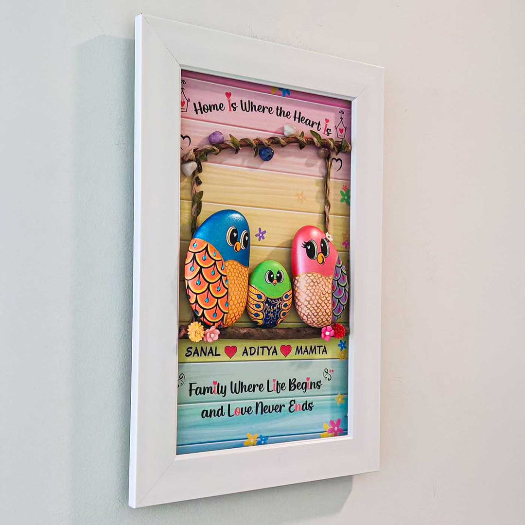 Personalized Pebble Art Love And Togetherness Vertical Wooden Name Plate With Lights - Angled Mounted Wall View