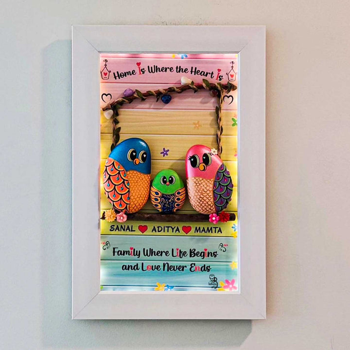 Personalized Pebble Art Love And Togetherness Vertical Wooden Name Plate With Lights - Mounted on Wall Front View