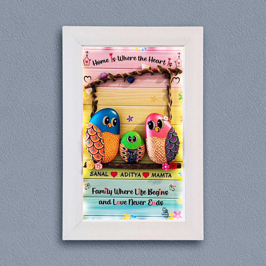 Personalized Pebble Art Love And Togetherness Vertical Wooden Name Plate With Lights - Front View Hanging on Wall