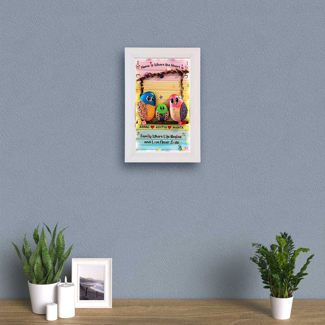Personalized Pebble Art Love And Togetherness Vertical Wooden Name Plate With Lights - Framed Artwork Hanging on Wall