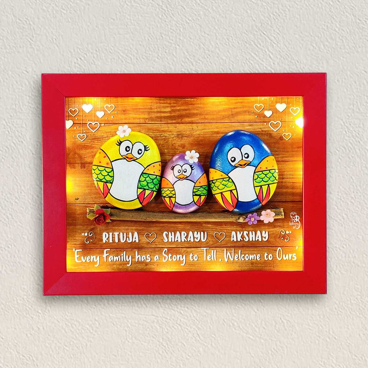 Personalized Pebble Art Love Bloom Family Wooden Name Plate With Lights - Front View of Framed Wall Art