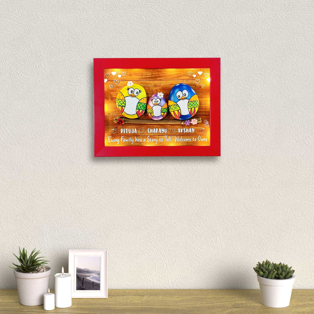 Personalized Pebble Art Love Bloom Family Wooden Name Plate With Lights - Mounted on Entryway Wall