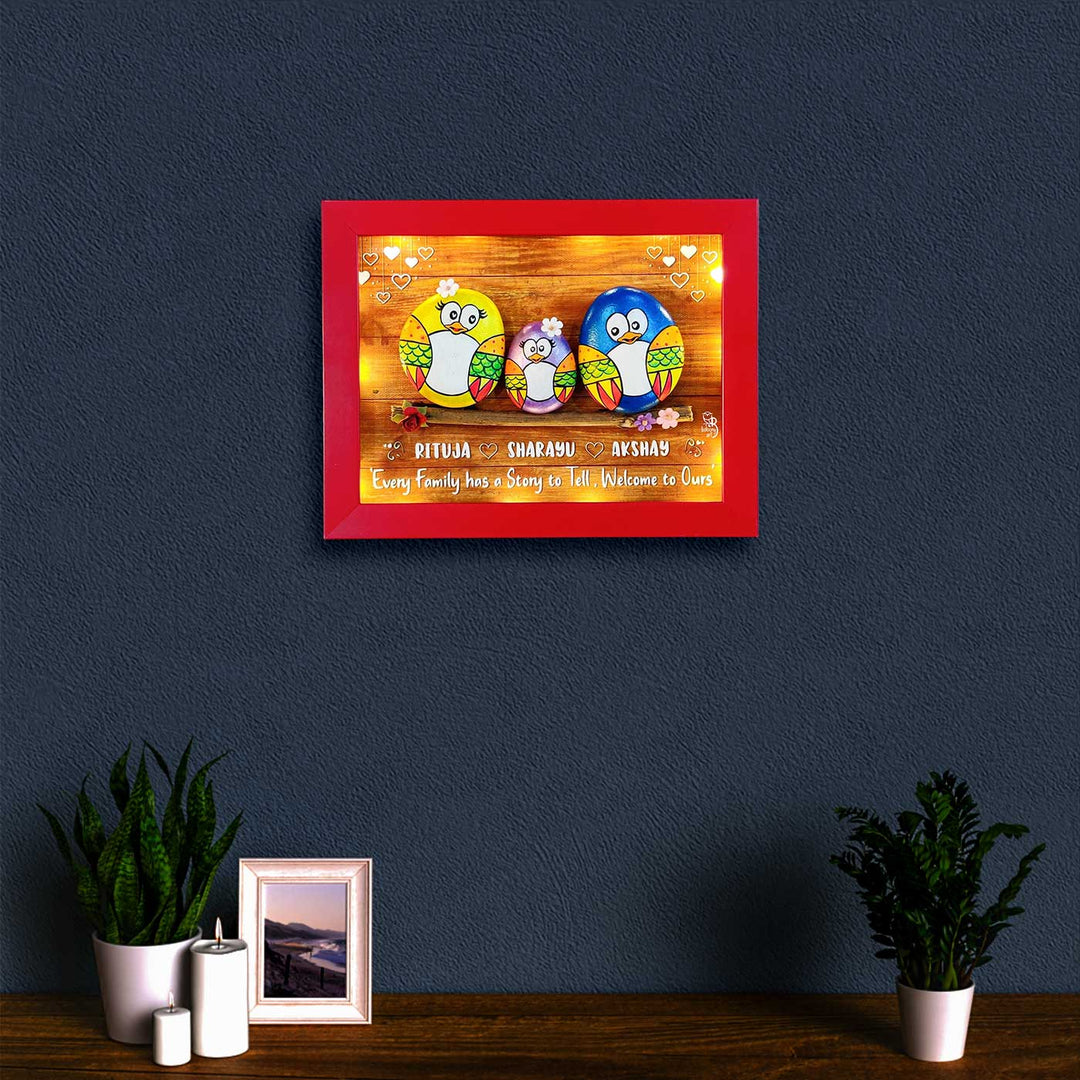 Personalized Pebble Art Love Bloom Family Wooden Name Plate With Lights - Framed Artwork Mounted on Wall