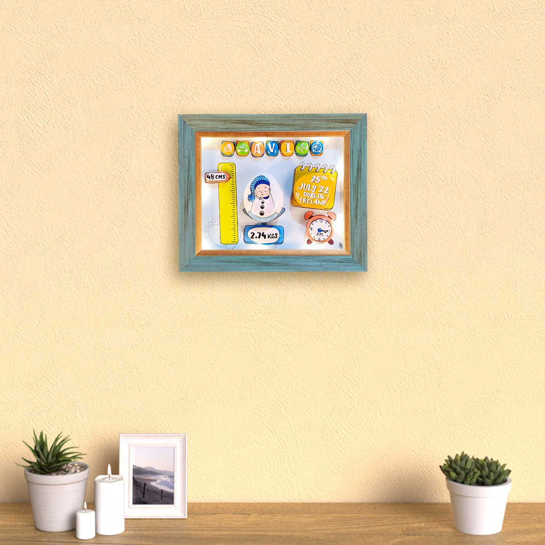 Personalized Pebble Art Newborn Delight Wooden Name Plate With Lights