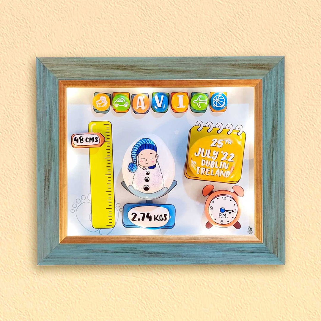 Personalized Pebble Art Newborn Delight Wooden Name Plate With Lights