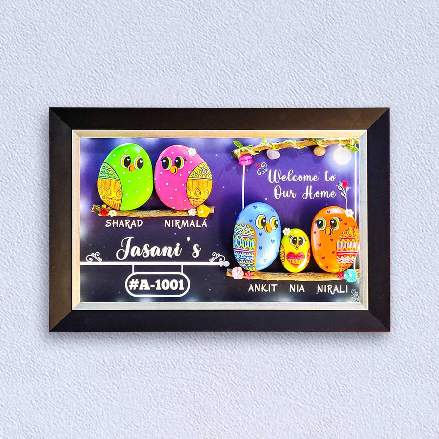 Personalized Pebble Art Night Sky Theme Family Wooden Name Plate With Lights - Front View with Name Personalization