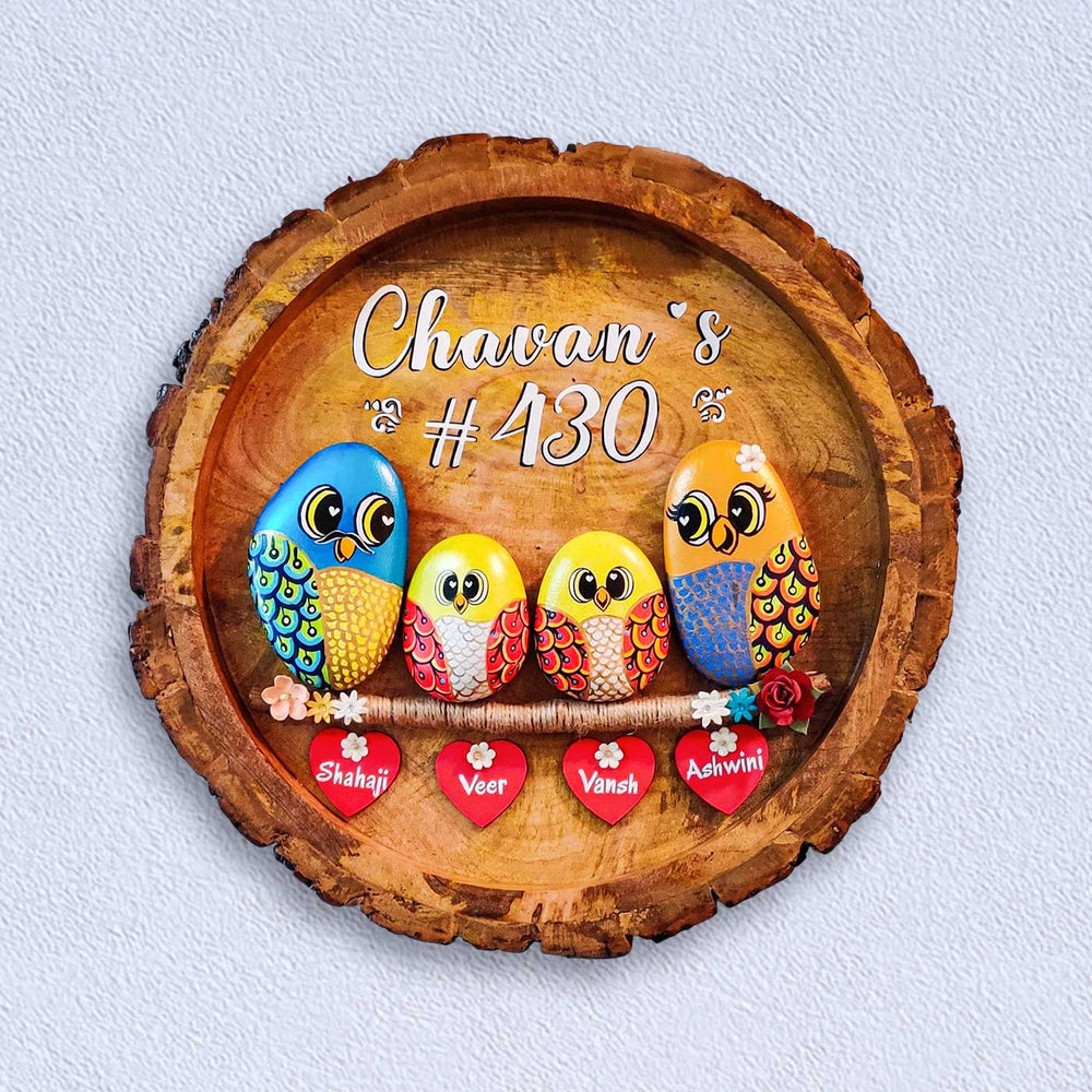 Personalized Pebble Art Round Family On Branch Wooden Name Plate - Mounted on Wall with Name Personalization