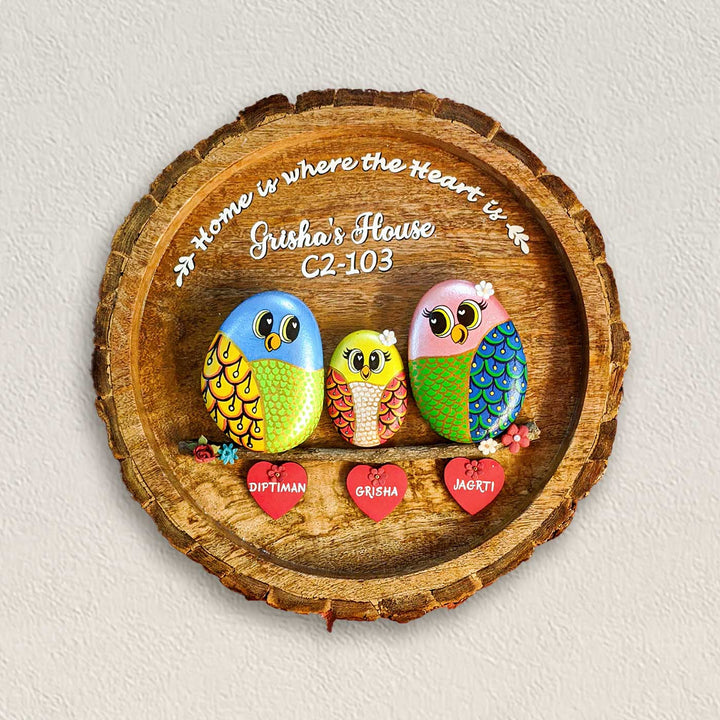 Personalized Pebble Art Round Lively Family Wooden Name Plate - Mounted on Wall with Name Personalization
