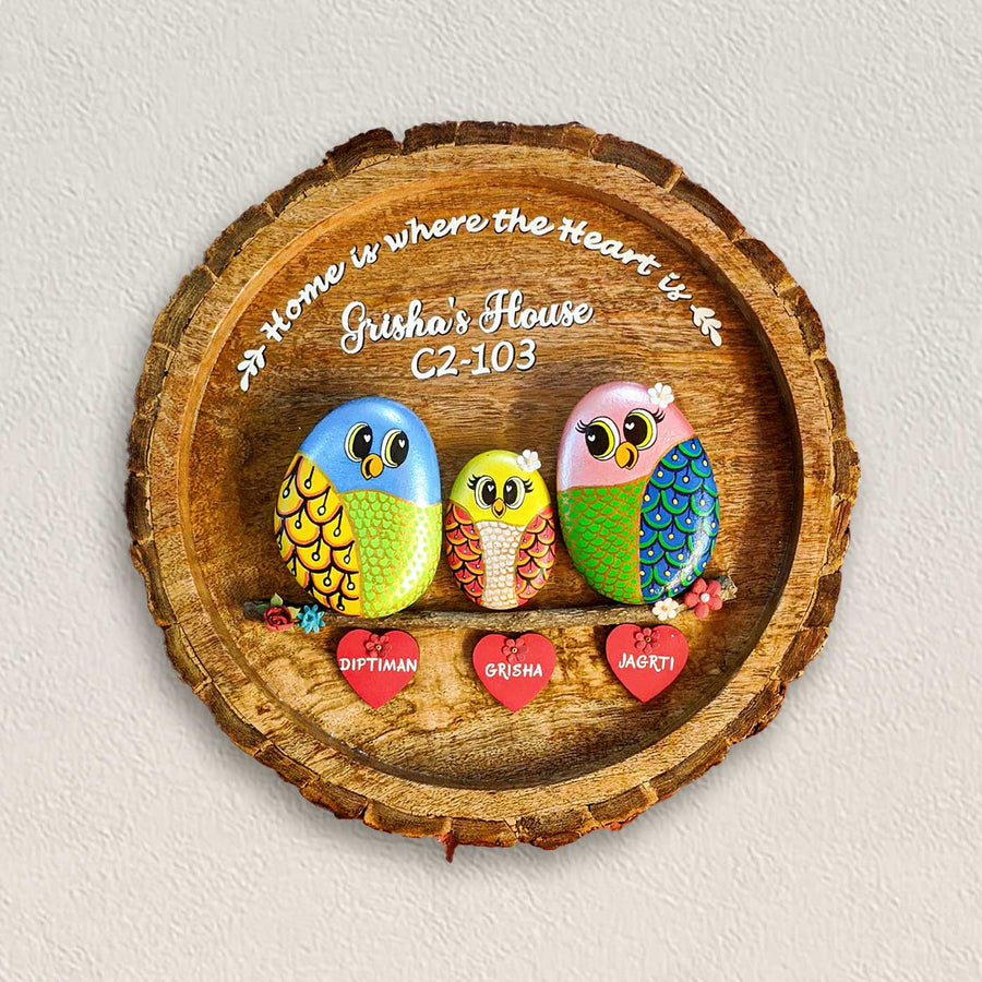 Personalized Pebble Art Round Lively Family Wooden Name Plate - Mounted on Wall with Name Personalization