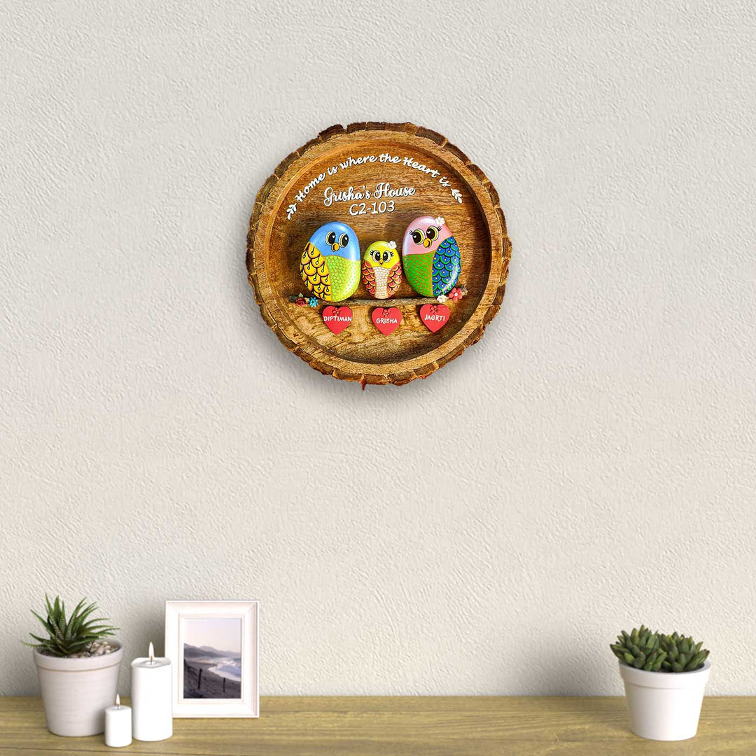 Personalized Pebble Art Round Lively Family Wooden Name Plate - Mounted on Wall Above Tabletop Decor