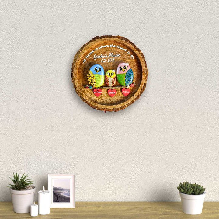Personalized Pebble Art Round Lively Family Wooden Name Plate - Mounted on Wall Above Tabletop Decor