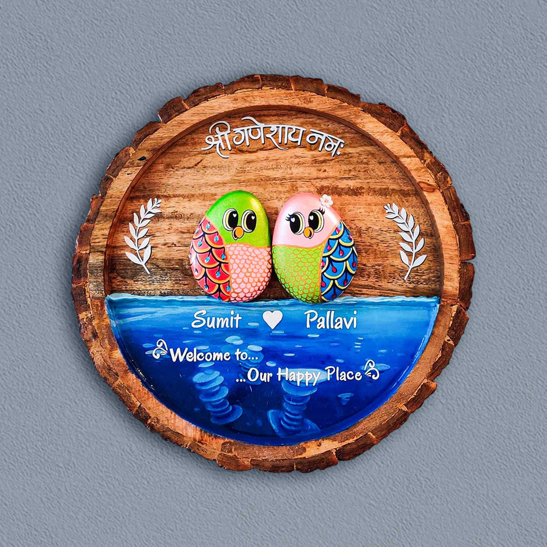 Personalized Pebble Art Round Water Theme Wooden Name Plate - Front View on Wall Background