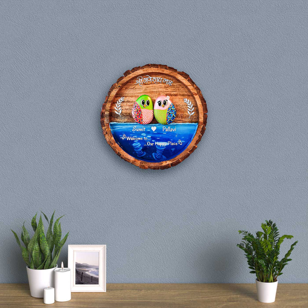 Personalized Pebble Art Round Water Theme Wooden Name Plate - Mounted on Wall Above Shelf
