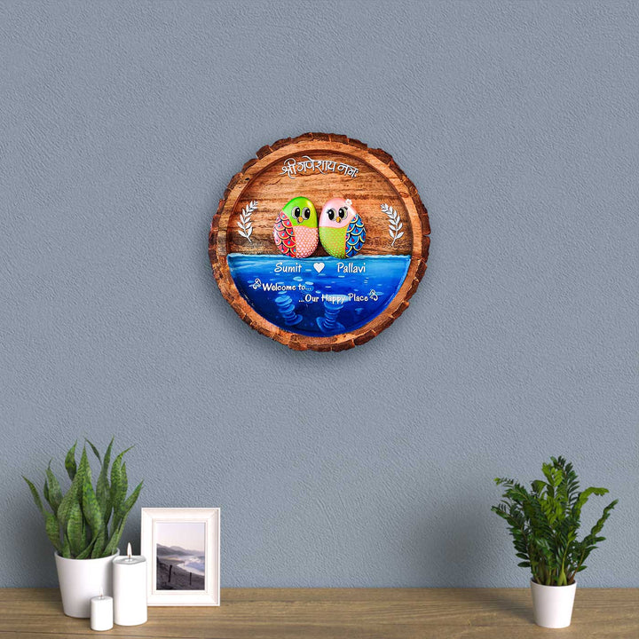 Personalized Pebble Art Round Water Theme Wooden Name Plate - Mounted on Wall Above Shelf