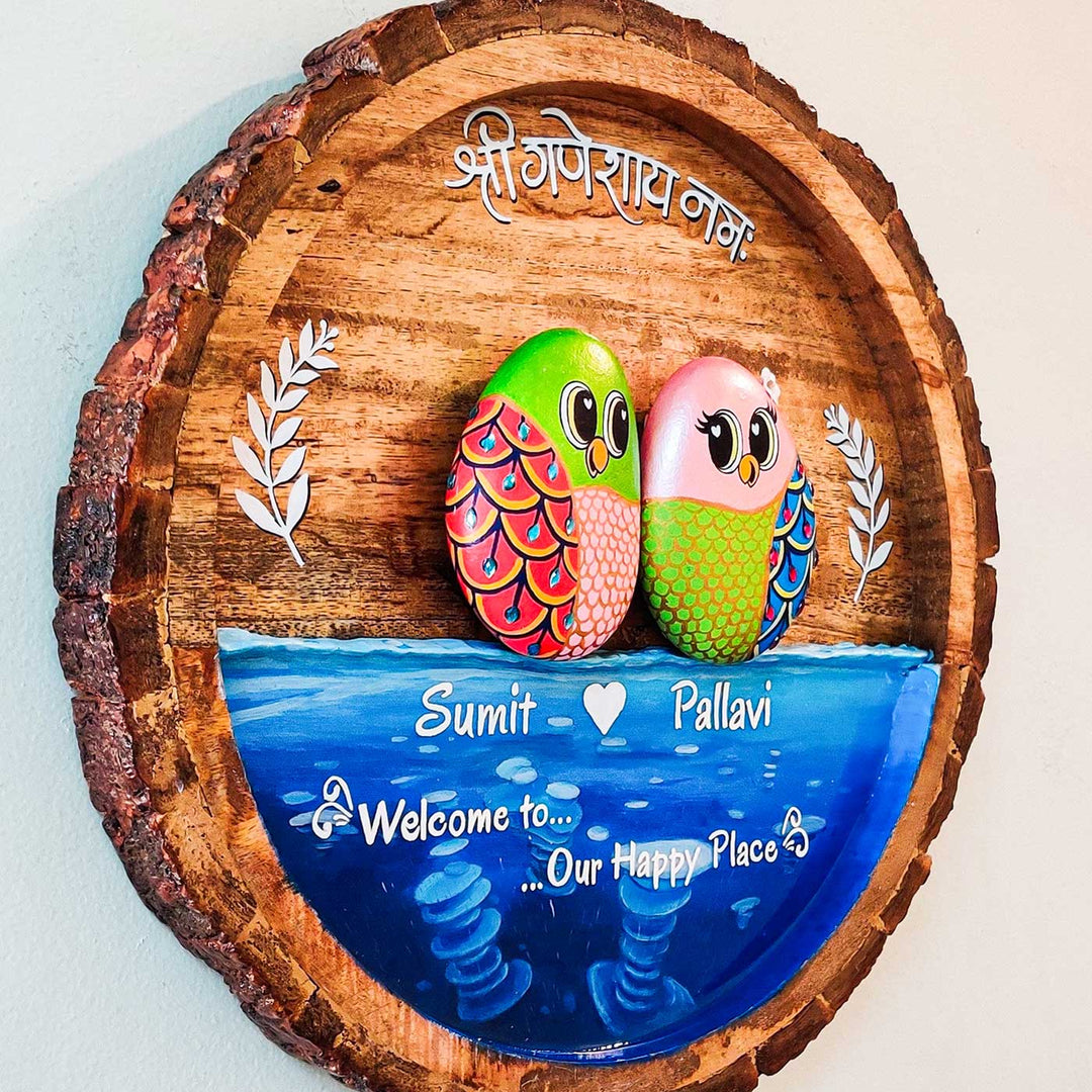 Personalized Pebble Art Round Water Theme Wooden Name Plate - Side View Showing Depth
