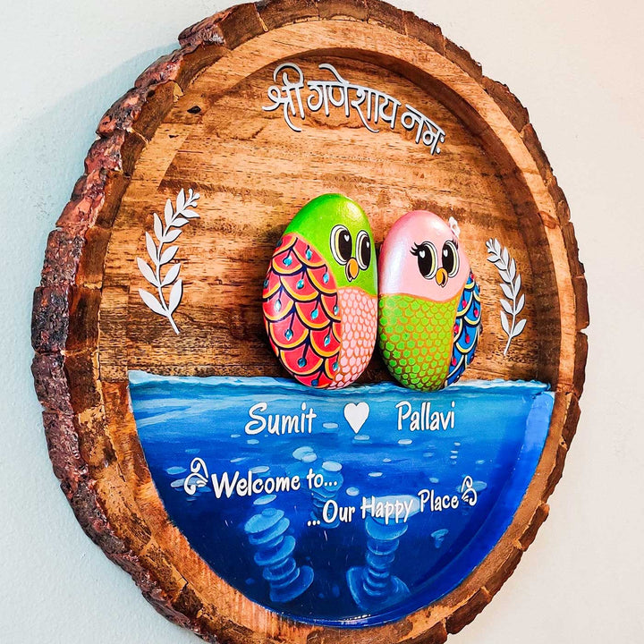 Personalized Pebble Art Round Water Theme Wooden Name Plate - Side View Showing Depth
