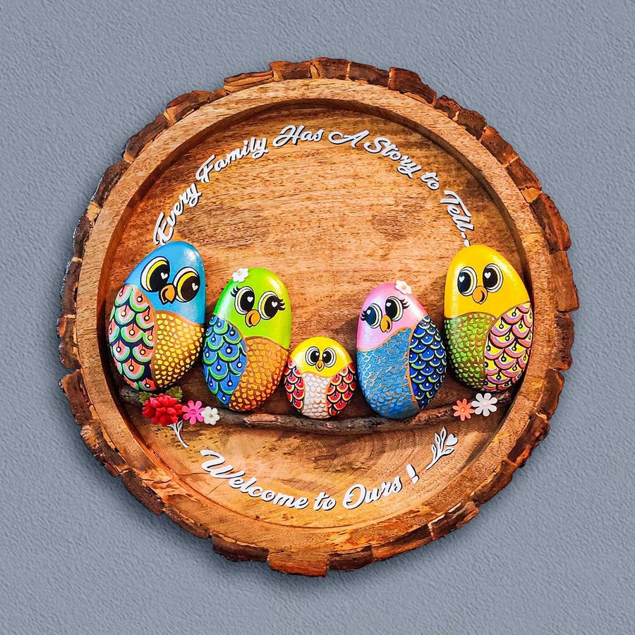 Personalized Pebble Art Tales Of The Tribe Wooden Name Plate - Front View Hung on Wall