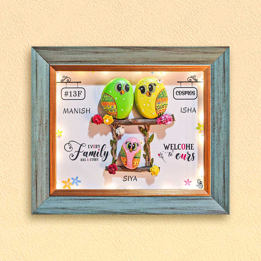 Personalized Pebble Art Trio Love Forever Wooden Name Plate With Lights - Front View with Personalized Names