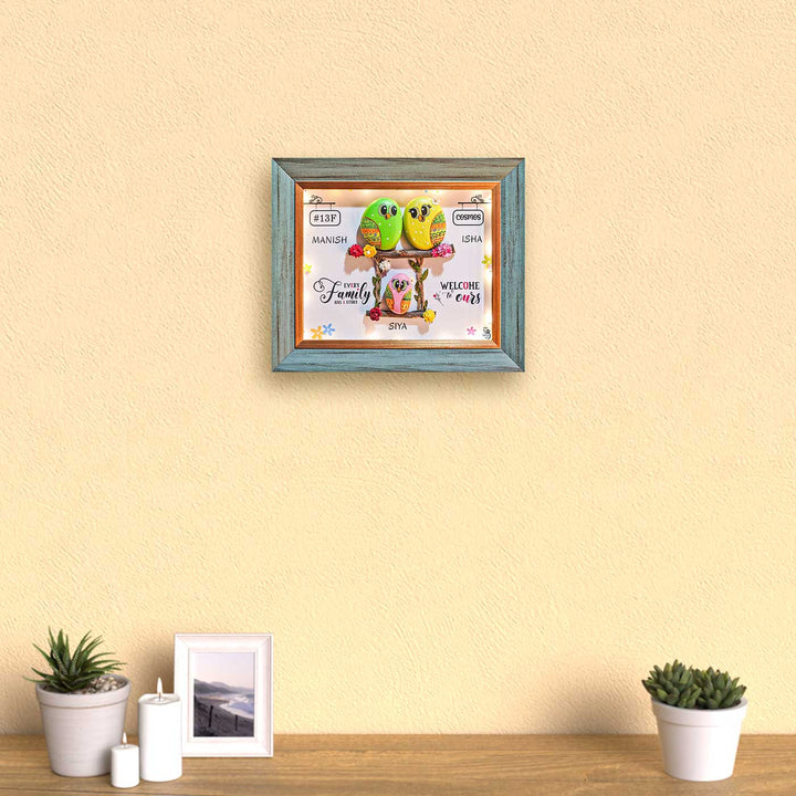 Personalized Pebble Art Trio Love Forever Wooden Name Plate With Lights - Mounted on Living Room Wall