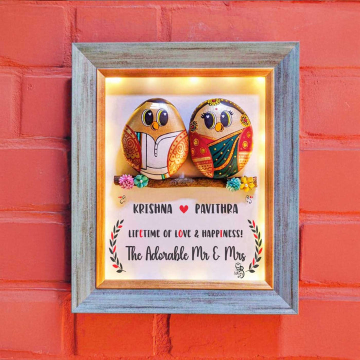 Personalized Pebble Art Wedding Couple Wooden Name Plate With Lights - Framed Wall Display Front View