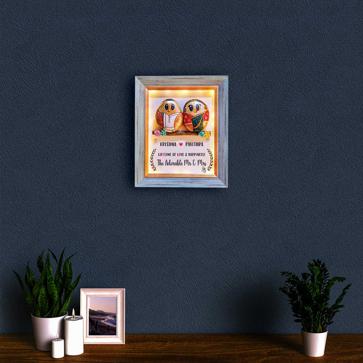 Personalized Pebble Art Wedding Couple Wooden Name Plate With Lights - Mounted on Wall Above Tabletop Decor