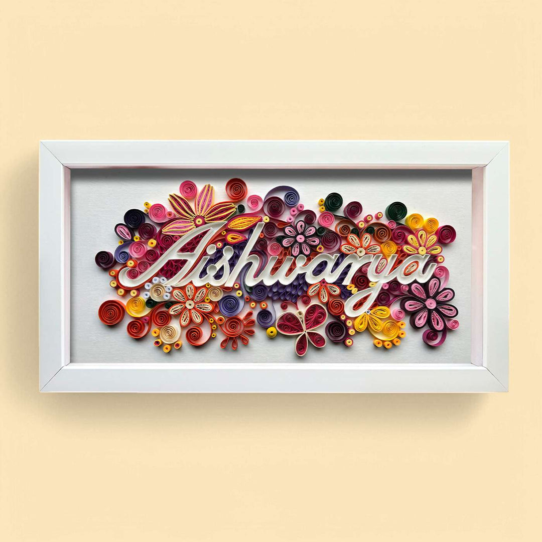 Personalized Quilling Multicolour Floral Theme Framed Name Plate - Front View with Name Personalization