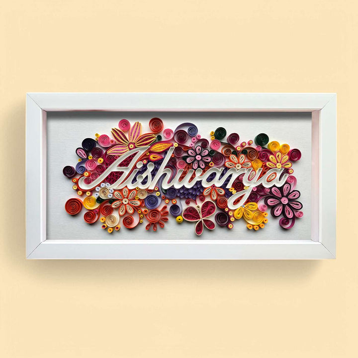 Personalized Quilling Multicolour Floral Theme Framed Name Plate - Front View with Name Personalization
