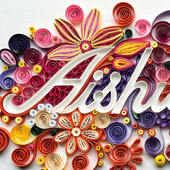 Personalized Quilling Multicolour Floral Theme Framed Name Plate - Close-up of Paper Quilling Detail