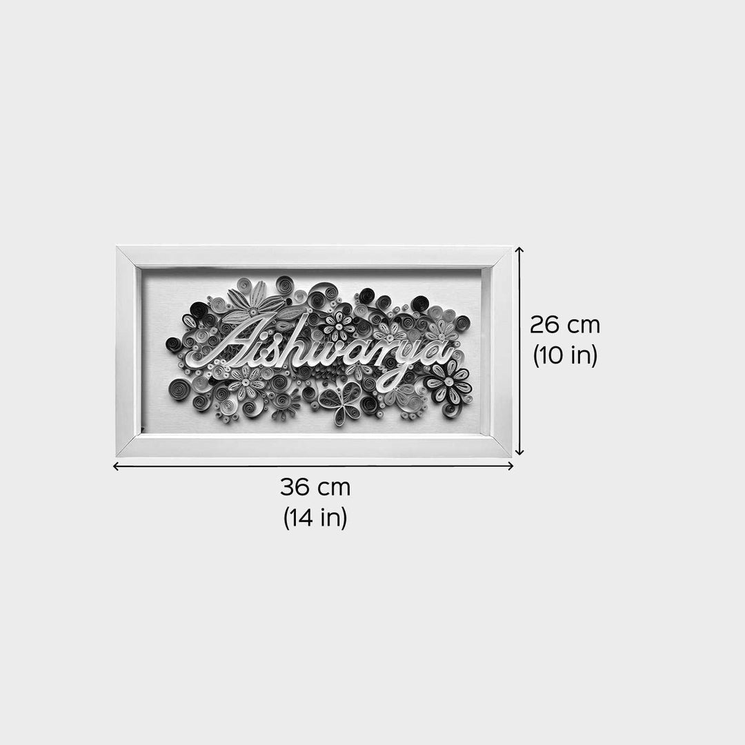 Personalized Quilling Multicolour Floral Theme Framed Name Plate - Dimension Chart with Personalized Name