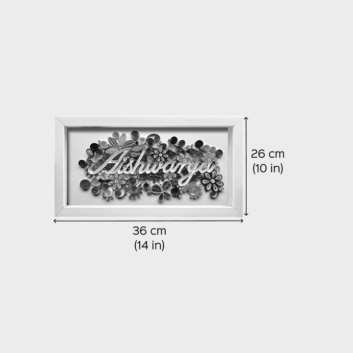 Personalized Quilling Multicolour Floral Theme Framed Name Plate - Dimension Chart with Personalized Name