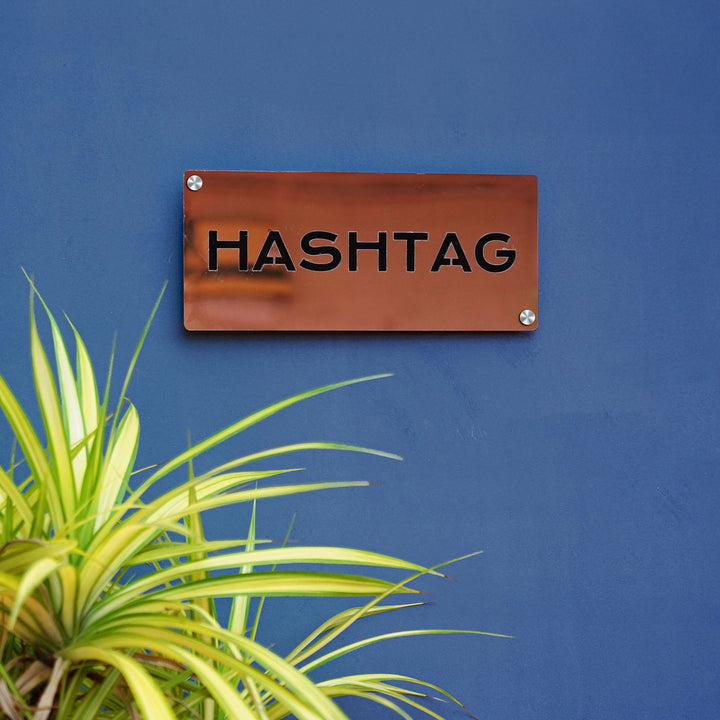 Personalized Weatherproof Elegant Rectangle Stainless Steel Name Plate - Mounted on Blue Wall Close-up