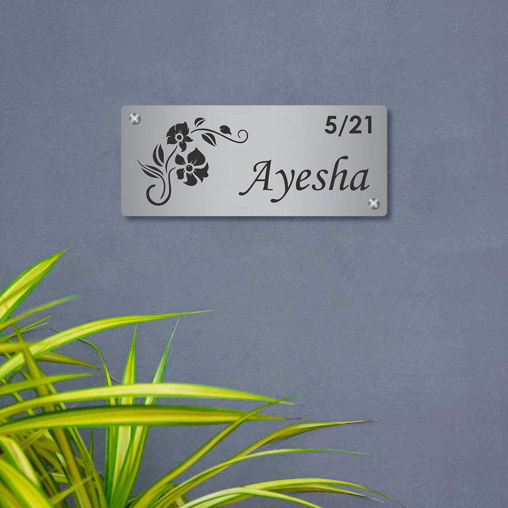 Personalized Laser Cut Floral Theme Steel Name Plate 2 - Mounted on Wall Front View