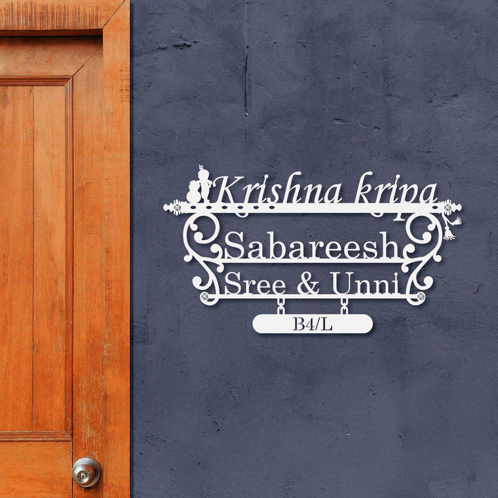 Personalized Laser Cut Little Krishna Theme Steel Name Plate - Mounted on Entryway Wall