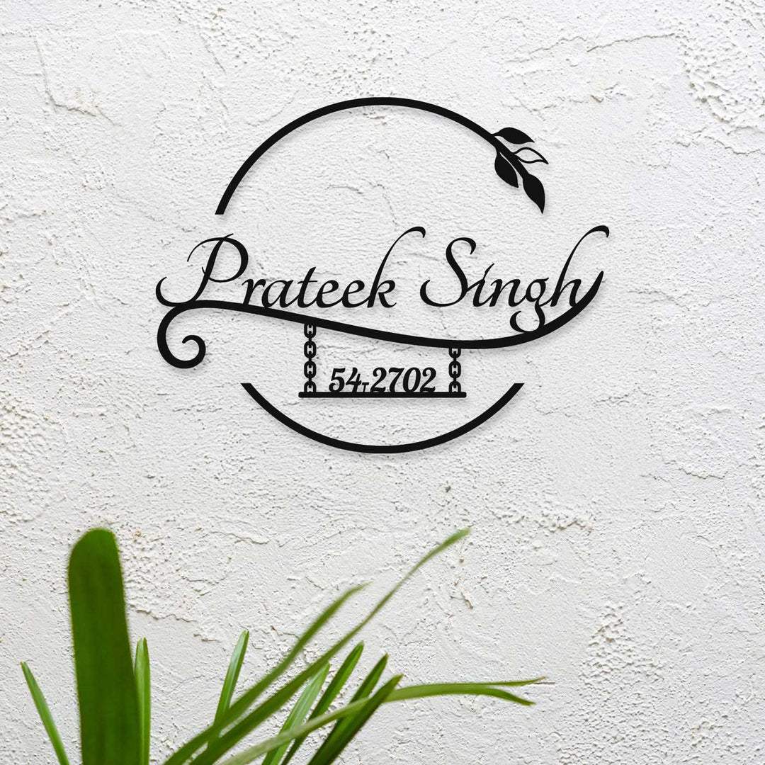 Personalized Laser Cut Elegant Design Steel Name Plate 1 - Mounted on Textured Wall Front View