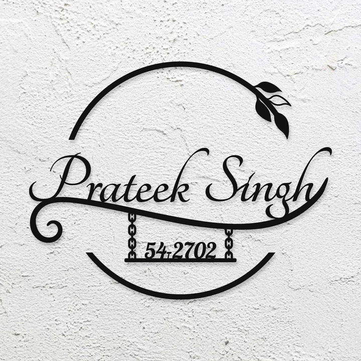 Personalized Laser Cut Elegant Design Steel Name Plate 1 - Mounted on White Textured Wall