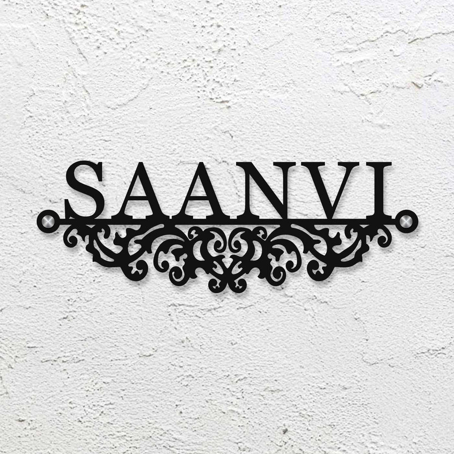 Personalized Laser Cut Minimalist Steel Name Plate - Mounted on White Textured Wall