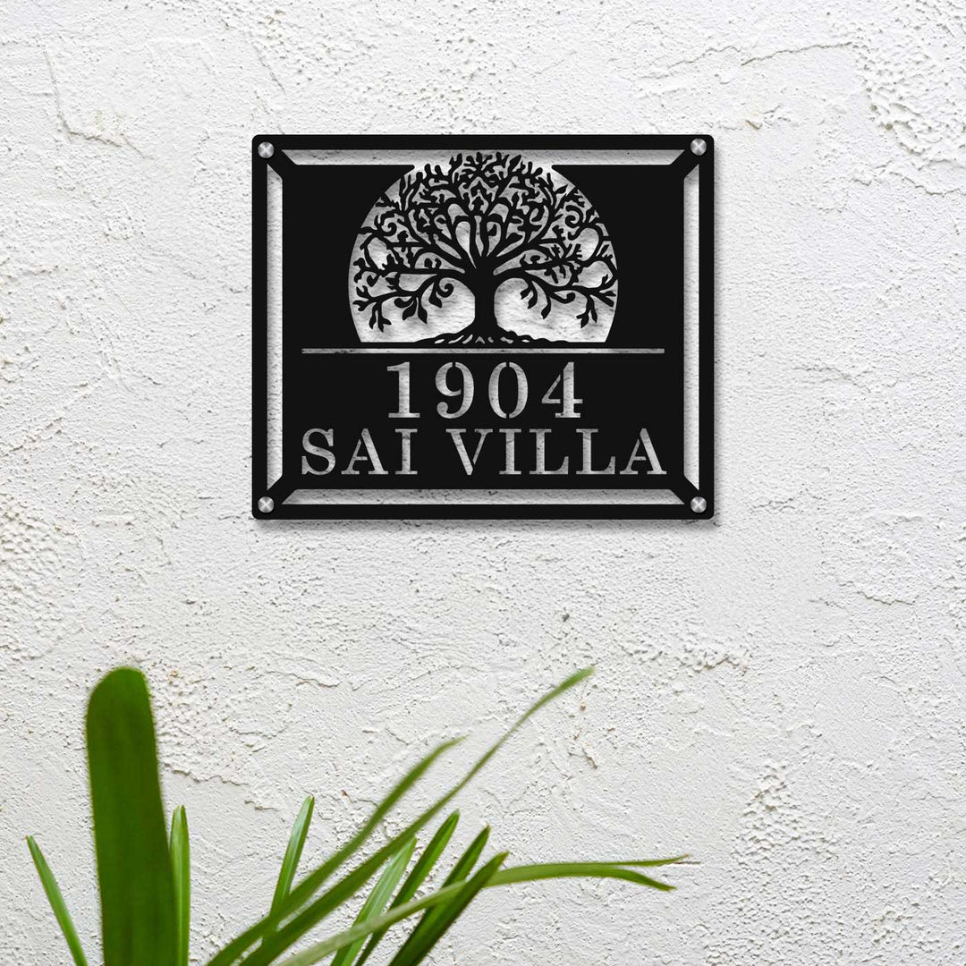 Personalized Laser Cut Tree Of Life Theme Steel Name Plate - Mounted on Textured Exterior Wall