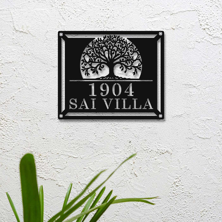 Personalized Laser Cut Tree Of Life Theme Steel Name Plate - Mounted on Textured Exterior Wall