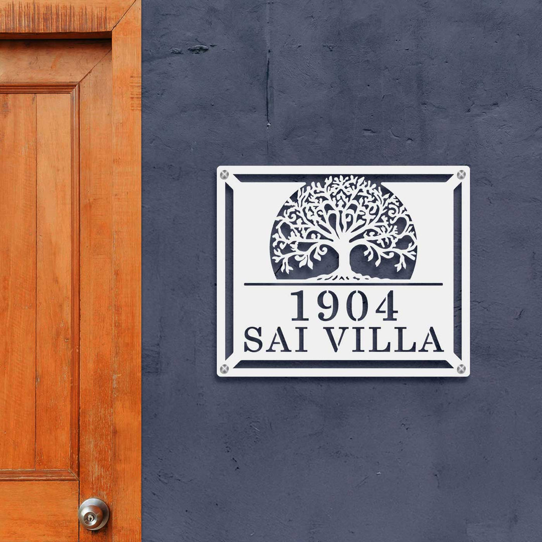Personalized Laser Cut Tree Of Life Theme Steel Name Plate - Mounted on Exterior Wall Near Door