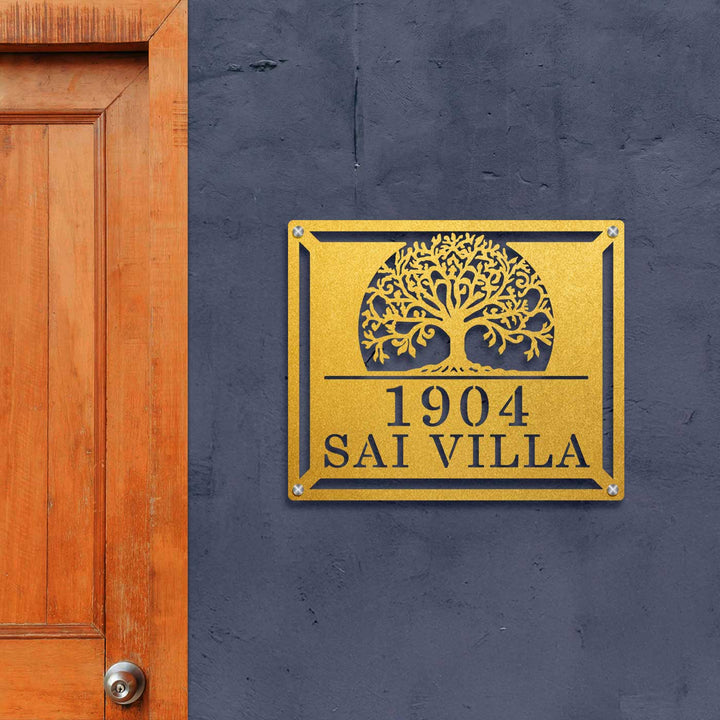 Personalized Laser Cut Tree Of Life Theme Steel Name Plate - Mounted on Exterior Wall Next to Door