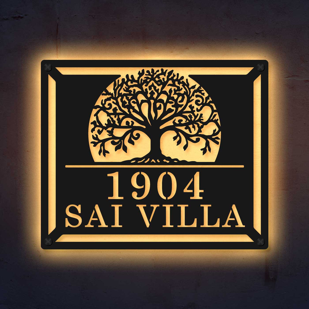 Personalized Laser Cut Tree Of Life Theme Steel Name Plate - Front View Illuminated Wall Sign