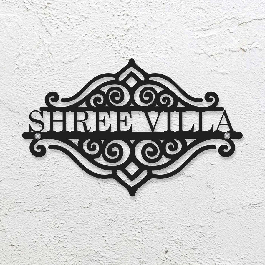 Personalized Laser Cut Sleek Design Steel Name Plate - Mounted on Textured Wall View