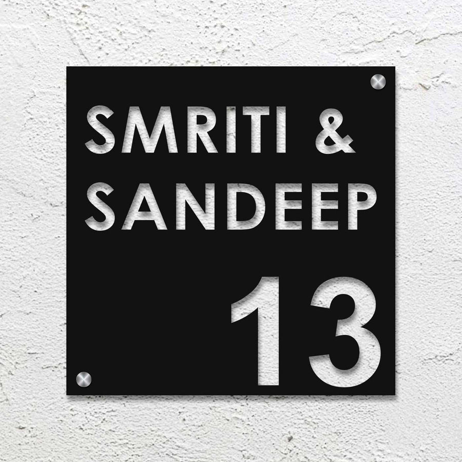 Personalized Laser Cut Square Shaped Steel Name Plate - Front View Mounted on Wall
