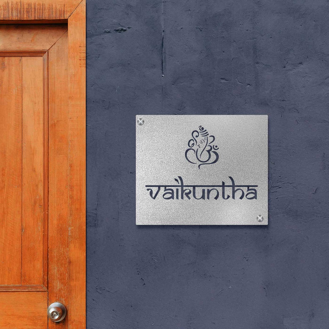 Personalized Laser Cut Ganesha Theme Steel Name Plate - Mounted on Exterior Wall Near Door