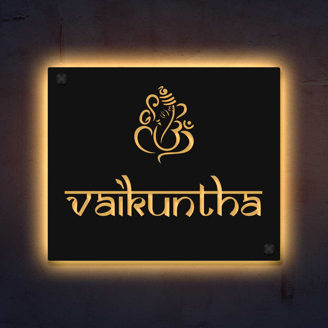 Personalized Laser Cut Ganesha Theme Steel Name Plate - Mounted on Wall with Backlighting