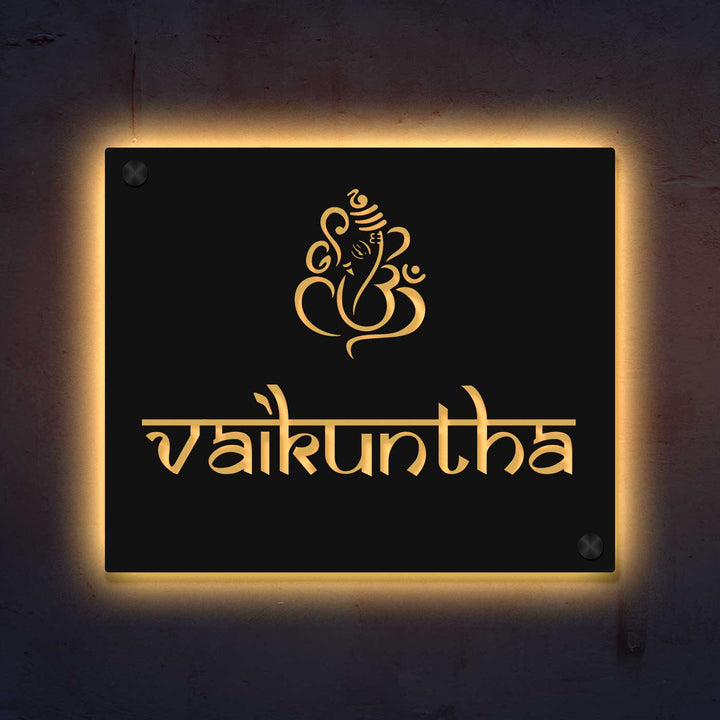 Personalized Laser Cut Ganesha Theme Steel Name Plate - Mounted on Wall with Backlighting