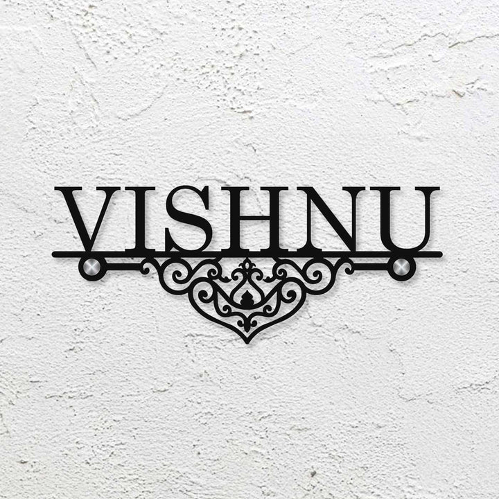 Personalized Laser Cut Elegant Design Steel Name Plate - Mounted on Light Textured Wall